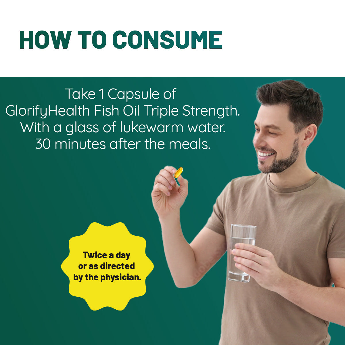 Man holding a capsule and glass of water with text on how to consume GlorifyHealth Fish Oil Triple Strength.